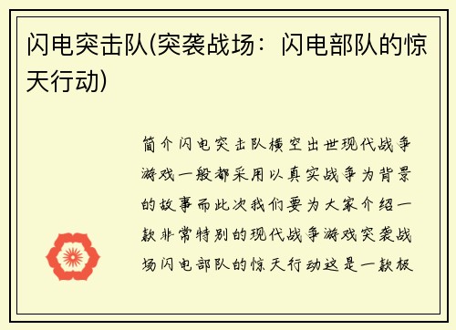 闪电突击队(突袭战场：闪电部队的惊天行动)